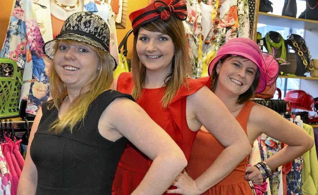 Katrina Bennett, Emily Hetherington and Kate Delany don some racing hats from Classic Dimensions in preparation for this year's Warwick Cup meeting on October 13. Katrina Bennett, Emily Hetherington and Kate Delany don some racing hats from Classic Dimensions in preparation for this year's Warwick Cup meeting on October 13.